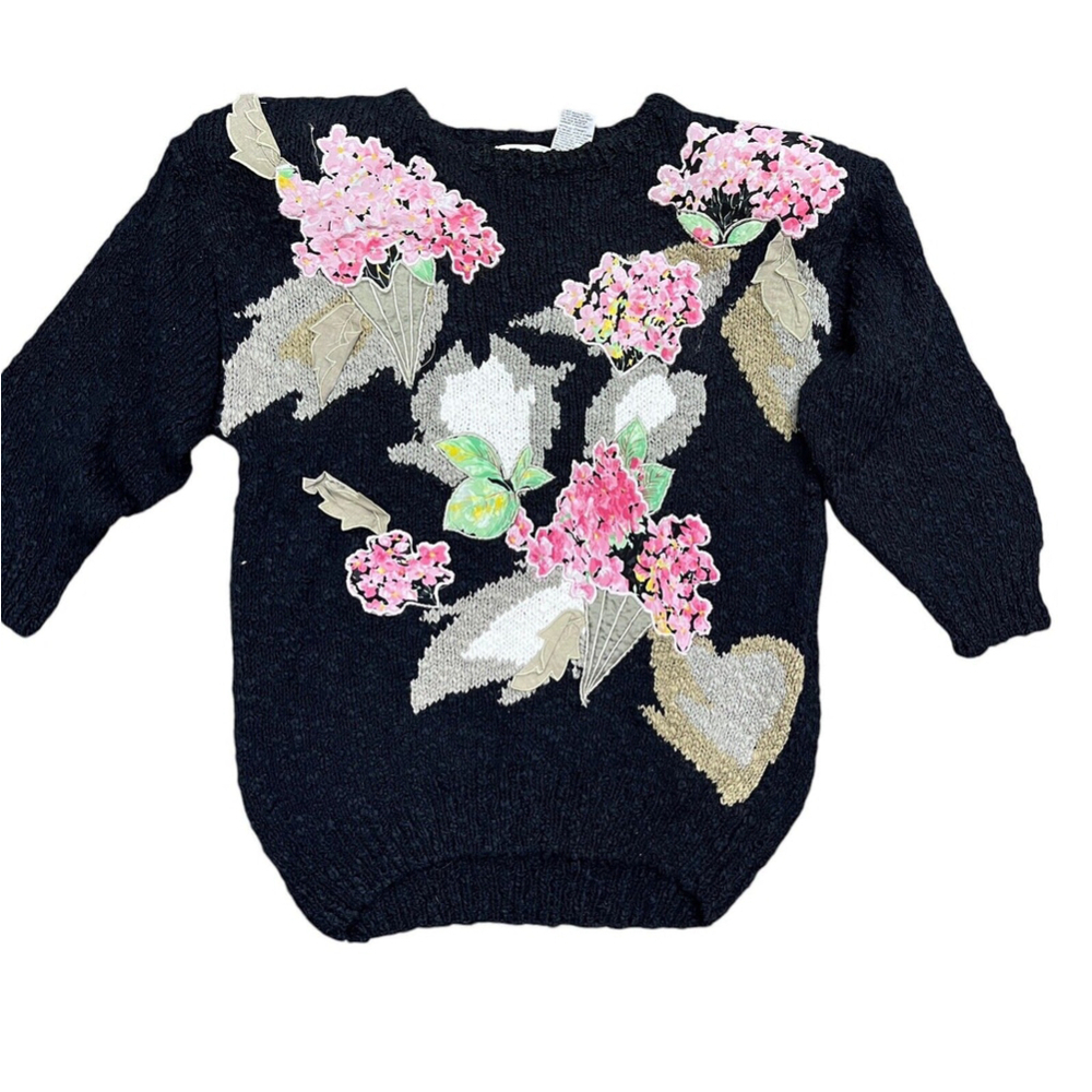 Vintage Bonnie & Bill By Holly Black Chenille Sweater Floral Embroidered Small